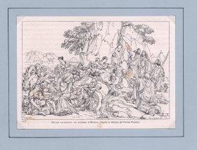 1877年雕刻版画《点石出水：摩西击打磐石出水》（MOISE FRAPPANT LE ROCHER D'HOREB）-- 出自17世纪法国古典主义绘画奠基人，尼古拉斯·普桑（Nicolas Poussin，1594-1665）的绘画作品 -- 后附卡纸30*21厘米，版画纸张19.5*14厘米