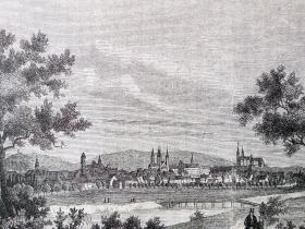 19世纪木刻版画《风景画：雷格尼茨河和美茵河汇流处的千年古城，班贝格，德国巴伐利亚州》（Bamberg）-- 班贝格位于巴伐利亚北部的上弗兰肯地区，建城于公元1007年，是一座拥有千年历史的古城；班贝格也是一座大学城（因班贝格大学闻名）和总教区驻地；班贝格由河流贯穿，水景与建筑融合，雷格尼茨河岸与民居形成的地景，有“小威尼斯”之美称 -- 后附卡纸30*25厘米，版画纸张17*11.5厘米