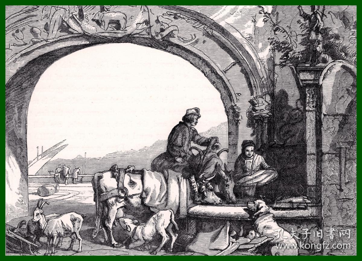 19世纪木刻版画《兰德希尔作品两幅：日内瓦风光与日内瓦的喷泉》（SCENE AT GENEVA；THE FOUNTAIN：GENEVA）-- 出自英国维多利亚时期著名画家，埃德温·兰德希尔爵士（Edwin Landseer，1802-1873）的绘画作品 -- 版画纸张36.5*26.5厘米