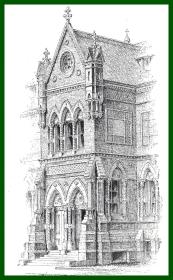 19世纪木刻版画《风景画：老南教堂塔楼与艺术博物馆，美国波士顿》（Tower of the New "Old South"Church）-- 老南教堂(Old South Church)是美国波士顿的一座教堂，建于1875年的哥特式建筑 -- 后附卡纸30*21厘米，版画纸张18*9、14*9厘米