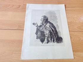 1892年锌版版画《牧羊老人》（Kohlenstudie eines Hirten）-- 出自德国画家，Fritz von Uhde（1848–1911）的碳笔画作品 -- 维也纳艺术画廊出版 -- 版画纸张39*29厘米
