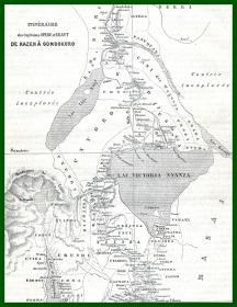 1864年木版雕刻地图《维多利亚湖与东非大裂谷地形图》（ITINERAIRE DE KAZEH A GONDOKORO）-- 维多利亚湖（Victoria）位于东非高原，湖泊介于东非大裂谷及其西支之间，居裂谷间浅宽盆地的北部；维多利亚湖是非洲最大的湖泊，世界第二大淡水湖（仅次于北美五大湖中的苏必利尔湖），也是尼罗河的主要水库-- 选自《环游世界》-- 版画纸张29*22厘米