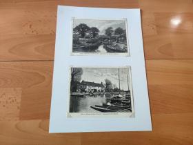 19世纪木刻版画《风景画：泰晤士河畔的田园风光（两幅），英国诺福克郡》（Reed Stacks，Barton Broad）-- 后附卡纸30*21厘米，版画纸张14*11、14*11厘米