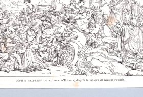 1877年雕刻版画《点石出水：摩西击打磐石出水》（MOISE FRAPPANT LE ROCHER D'HOREB）-- 出自17世纪法国古典主义绘画奠基人，尼古拉斯·普桑（Nicolas Poussin，1594-1665）的绘画作品 -- 后附卡纸30*21厘米，版画纸张19.5*14厘米