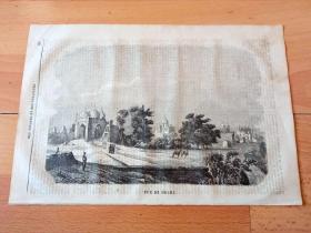 1857年木刻版画《风景画：德里旧城，印度》（VUE DE DELHL）-- 史载，德里这个位于南亚次大陆北部居中的城市，最初形成于公元前5000年，位于今天新德里的南郊。在以后漫长的历史河流中，德里被多个不同的王国和统治者占领重建。每个王国都留下了自己的建筑和遗迹 --《环游世界》-- 版画纸张28*19厘米