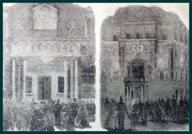 19世纪木刻版画《英国伦敦城市建筑景观：1. 皇家阿尔伯特音乐厅；2. 贝尔格雷夫广场》（THE FRENCH EMBASSY，ALBERT-GATE；LORD PANMURE'S（MINISTER-AT-WAR ），BELGRAVE-SQUARE）-- 贝尔格雷夫广场于1825年建成，是19世纪的英国伦敦城内最高档、规模最大的广场之一 -- 后附卡纸30*21厘米，版画纸张25*17厘米