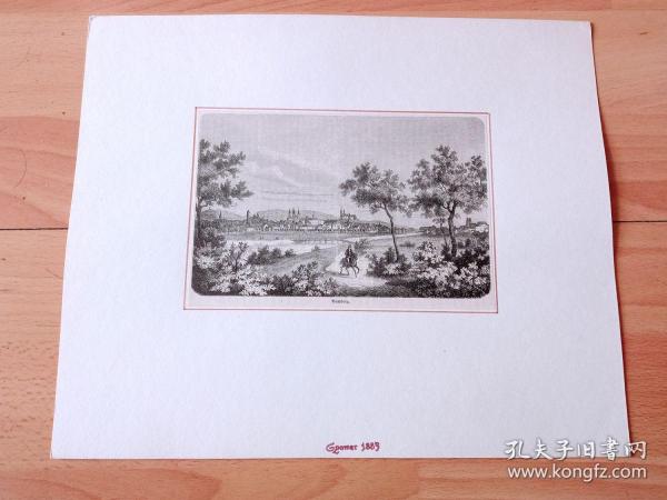 19世纪木刻版画《风景画：雷格尼茨河和美茵河汇流处的千年古城，班贝格，德国巴伐利亚州》（Bamberg）-- 班贝格位于巴伐利亚北部的上弗兰肯地区，建城于公元1007年，是一座拥有千年历史的古城；班贝格也是一座大学城（因班贝格大学闻名）和总教区驻地；班贝格由河流贯穿，水景与建筑融合，雷格尼茨河岸与民居形成的地景，有“小威尼斯”之美称 -- 后附卡纸30*25厘米，版画纸张17*11.5厘米