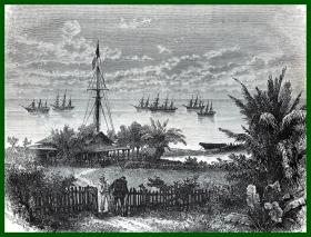 19世纪木刻版画《风景画：大西洋东岸的利伯维尔港》（Cale seche a Libreville du Gabon）-- 后附卡纸30*21厘米，版画纸张17*14厘米
