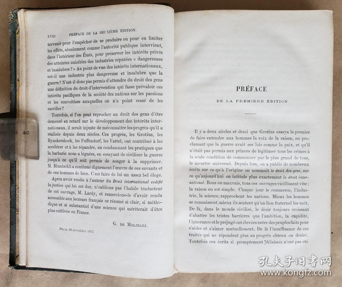 Le Droit International Codifié 《国际法》 (M. Bluntschli)，巴黎1874年版，精装22*14.5厘米，好纸536页***可能缺了内封前的书名页，见图5