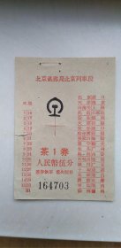 早期北京铁路局北京列车段茶券    有北京，天津等  人民币五分
