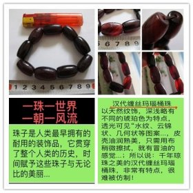 D-1866、一珠一世界，一朝一风流；珠子是人类最早拥有的装饰品，它贯穿了整个人类的历史；从各种珠类饰品，看古人的品味，时尚都是古人玩剩下的———汉代缠丝玛瑙桶珠以天然纹饰，深浅略有不同的琥珀色为特点，透光可见“水纹、云锦状、几何状等图案...，皮壳油润熟美，只需用布稍微擦拭，就有冒油的感觉...；所以说：千年琼珠之美的汉代缠丝玛瑙桶珠，非常有特点，很难被仿制！