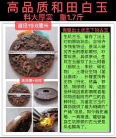 D-1923、高品质和田白玉、双面工高浮雕螭龙+浅浮雕谷纹【战汉玉璧】直径19.6厘米、料大厚实、重1.7斤——见过原汁原味的出土古玉吗？ 生坑未清洗的古玉含带许多独有特征，是深入研究古玉的原始教材，非常珍贵；具体来说，生坑古玉附着“蚂蚁土、朱砂、碳化物、土埋衍生物（菌丝菌体）、长埋置换析出物等，这些受环境因素影响或者相邻物黏附而产生的各种特征，为鉴定真赝提供了最为明确的“户籍”信息...