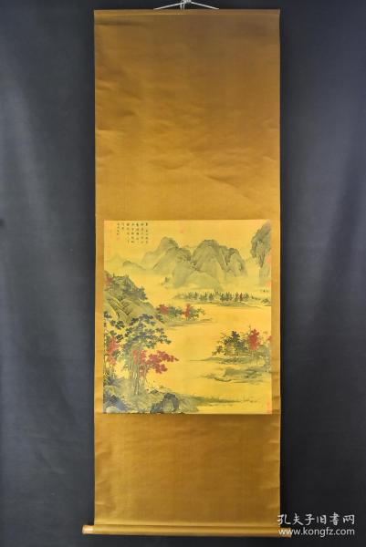 （VH5420）纸本印刷《明仇英秋江待渡》装裱立轴画一幅 绫裱 两侧木轴头 画心尺寸：67CM*58CM 立轴尺寸：183*64CM。