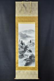 （VH5216）佐伯俊夫笔 绢本手绘《山水风景图》原双盒装裱立轴画一幅 绫裱 两侧木轴头 钤印 画心尺寸：108CM*41CM 立轴尺寸：186CM*54CM。