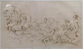【拉斐尔Raphael】1823年“文艺复兴时期意大利画派”系列铜版画《特里同斯，海仙女和丘比特在水中嬉戏》—意大利文艺复兴时期画家“拉斐尔(Raphael Sanzio 1483-1520)”作品 “手工水印纸精印” 50x36cm