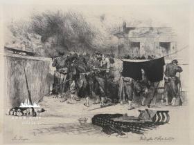 【大英博物馆藏画】“原创版画”1875年法国蚀刻铜版画《Bazeilles战役：1870 年 9 月 1 日法国士运在墙后射击》—法国画家“Auguste Lançon ”作品 雕刻 42x29cm 专用水印纸 大英博物馆收藏编号：1877,0210.502（官网可查）