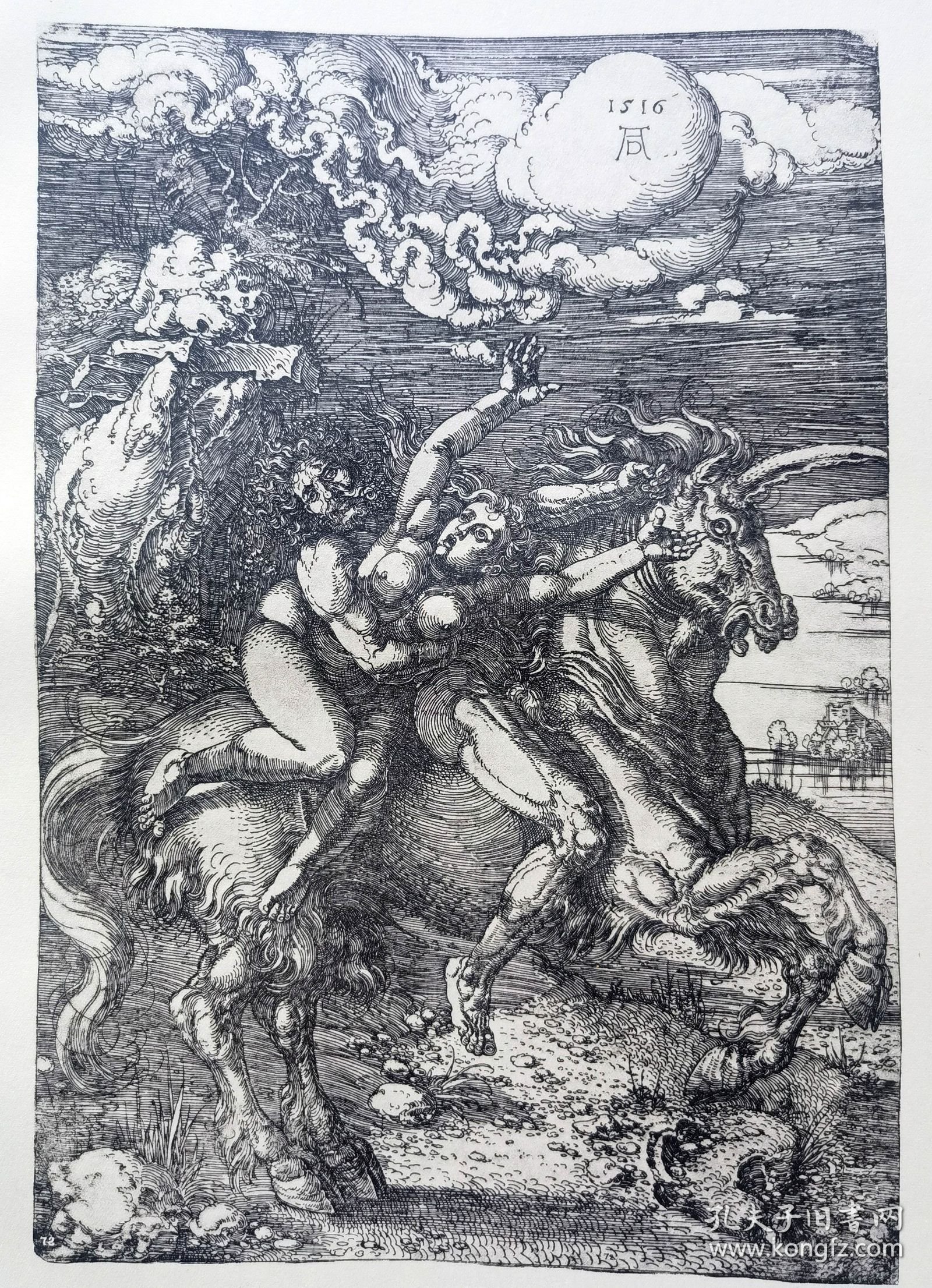 “巨幅丢勒名画”1912年版“丢勒Albrecht Dürer”系列照相凹版复制铜版画 —《独角兽上被男人绑架的裸女》42x32cm 原尺寸复制