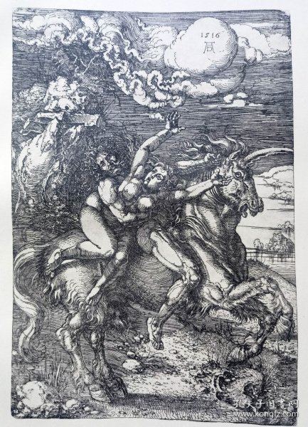 “巨幅丢勒名画”1912年版“丢勒Albrecht Dürer”系列照相凹版复制铜版画 —《独角兽上被男人绑架的裸女》42x32cm 原尺寸复制