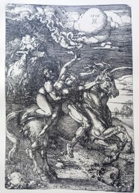 “巨幅丢勒名画”1912年版“丢勒Albrecht Dürer”系列照相凹版复制铜版画 —《独角兽上被男人绑架的裸女》42x32cm 原尺寸复制