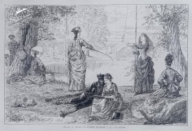 1870年法国艺术系列线刻版画《郊野垂钓》—画家(PIERRE GAVARNI)作品  43x30cm