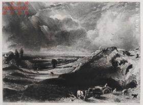 【大英博物馆藏画】1831年英国风景"康斯特勃"作品系列美柔汀铜版画《荒地》—英国皇家美术学院院士“约翰・康斯特勃(John Constable,1776—1837)”作品 雕刻：David Lucas 尺寸42x29cm 高档美柔汀铜版画 大英博物馆收藏编号：1842,1210.130（官网可查）