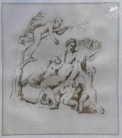 【罗马诺Romano】1823年“文艺复兴时期意大利画派”系列钢笔画 飞尘铜版画《赤身裸体的女性带着婴儿》—意大利文艺复兴时期画家“朱利奥·罗马诺(Giulio Romano1492年-1546年)”作品 “手工水印纸精印” 50x36cm
