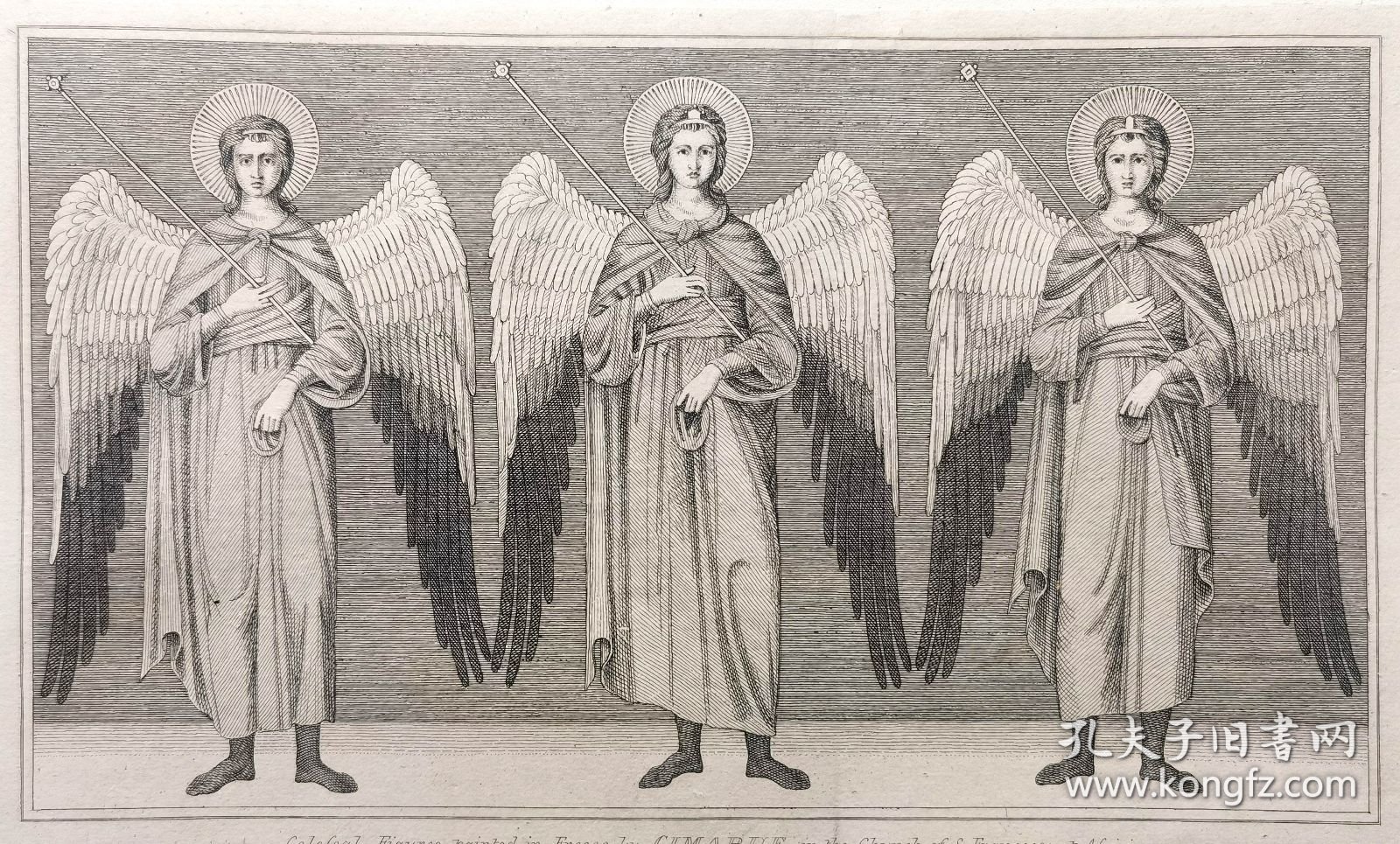 【契马布埃Cimabue】1823年“文艺复兴时期意大利画派”系列铜版画《三个天使》—意大利文艺复兴时期画家“乔万尼·契马布埃(Giovanni Cimabue,1240-1302)”作品 +飞尘铜版画《西蒙·马格斯在空中》—画家“Giunta Pisano”作品“手工水印纸精印” 50x36cm