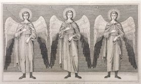 【契马布埃Cimabue】1823年“文艺复兴时期意大利画派”系列铜版画《三个天使》—意大利文艺复兴时期画家“乔万尼·契马布埃(Giovanni Cimabue,1240-1302)”作品 +飞尘铜版画《西蒙·马格斯在空中》—画家“Giunta Pisano”作品“手工水印纸精印” 50x36cm