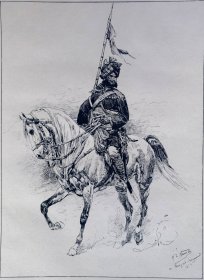 1890年法国艺术系列木刻版画《孟加拉长矛兵第13团的骑士》—法国画家“Alphonse Marie De Neuville”作品 43x30cm