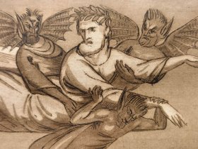 【契马布埃Cimabue】1823年“文艺复兴时期意大利画派”系列铜版画《三个天使》—意大利文艺复兴时期画家“乔万尼·契马布埃(Giovanni Cimabue,1240-1302)”作品 +飞尘铜版画《西蒙·马格斯在空中》—画家“Giunta Pisano”作品“手工水印纸精印” 50x36cm