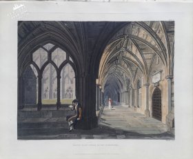 1812年版“手绘威斯敏斯特修道院”系列套色飞尘铜版画《回廊的东南角》— 英国艺术家“THOMPSON”绘制 HAMBLE 雕刻 手工绘制 手工水印纸 33x27cm