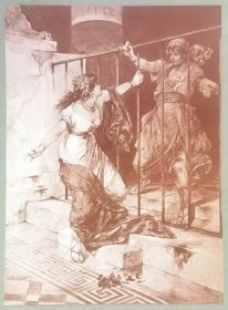 1883年德国艺术大师系列彩色珂罗版画《尼迪亚在伊希斯神庙》— 画家“Franz Kirchbach”彩色粉笔画作品 尺寸：46x29cm