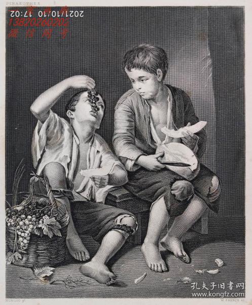 1870年德国艺术珍品钢板画系列《吃水果的小男孩》— 巴洛克时期西班牙画家“牟里罗 (1617-1682年) Bartolome Esteban Murillo”作品 版画家：W.FRENCH 雕刻 31x22cm