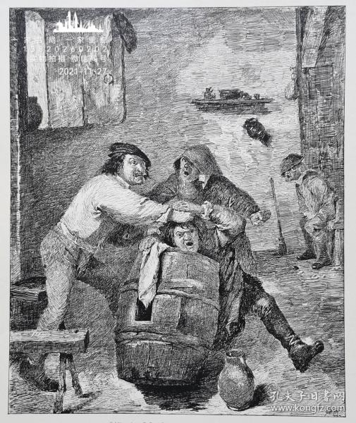 1884年版画艺术系列锌版画《桶上的战斗》—荷兰风俗画家“布鲁维尔（Adriaen Brouwer，1605-1638）”作品 版画家：ANGERER 雕刻 39x29cm