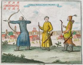 1746年“中国题材”彩色铜版画《中国古城外的兵营》—荷兰画家“约翰·尼霍夫（Johannes Nieuhof）”作品 手工上色 手工版画纸 26x20cm