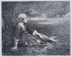 1889年木刻版画《年轻的女人》—法国画家“朱尔斯·布雷顿（Jules Breton，1827-1906）”作品  30x21cm