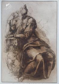 【米开朗基罗Michelangelo】1823年“文艺复兴时期意大利画派”系列飞尘铜版画《先知以赛亚》—意大利文艺复兴时期画家“米开朗基罗·博那罗蒂(Michelangelo Buonarroti，1475年-1564年)”作品 “手工水印纸精印” 50x36cm