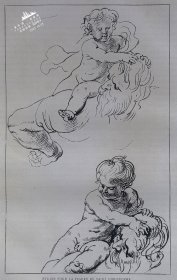 1877年法国艺术系列线刻版画《鲁本斯习作：圣克里斯托弗背负孩子渡河》—佛兰德斯画家 “鲁本斯(Peter Paul Rubens，1577--1640) ”作品  43x30cm