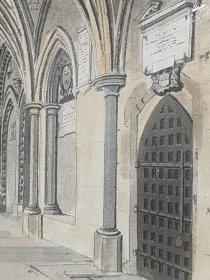 1812年版“手绘威斯敏斯特修道院”系列套色飞尘铜版画《回廊的东南角》— 英国艺术家“THOMPSON”绘制 HAMBLE 雕刻 手工绘制 手工水印纸 33x27cm