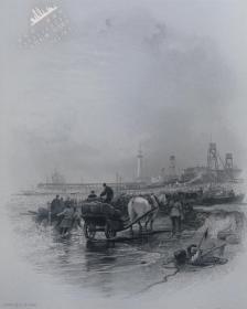 1842年“英国港口水域和海岸风景”系列钢版画《英国雅茅思港》— 英国风景地貌画家 “威廉·亨利·巴特莱特W.H.Bartlett”作品 版画家：E.FINDEN 雕刻 尺寸：27x21cm