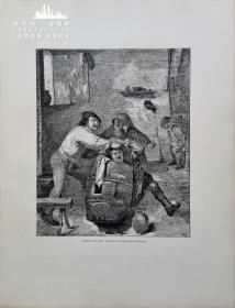 1884年版画艺术系列锌版画《桶上的战斗》—荷兰风俗画家“布鲁维尔（Adriaen Brouwer，1605-1638）”作品 版画家：ANGERER 雕刻 39x29cm