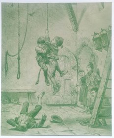 1883年德国艺术大师系列彩色珂罗版画《敲钟人》— 德国画家“Benjamin Vautier (1829-1898)”作品彩色粉笔画作品 尺寸：46x29cm