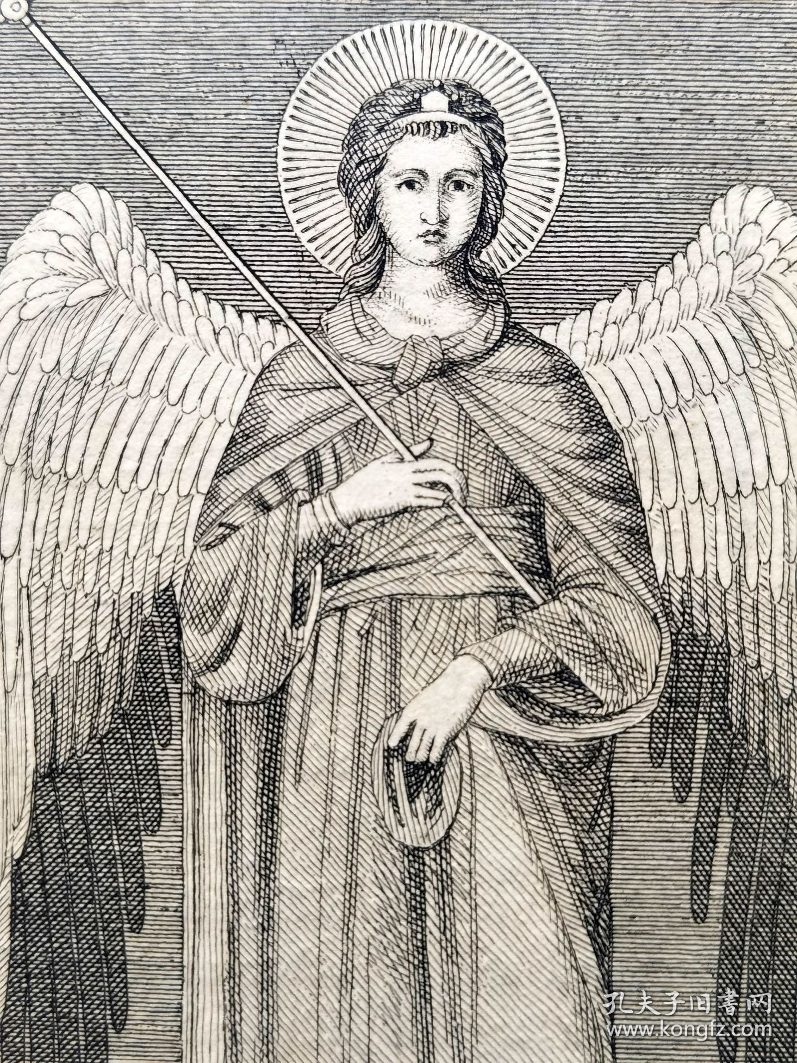 【契马布埃Cimabue】1823年“文艺复兴时期意大利画派”系列铜版画《三个天使》—意大利文艺复兴时期画家“乔万尼·契马布埃(Giovanni Cimabue,1240-1302)”作品 +飞尘铜版画《西蒙·马格斯在空中》—画家“Giunta Pisano”作品“手工水印纸精印” 50x36cm