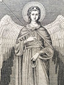 【契马布埃Cimabue】1823年“文艺复兴时期意大利画派”系列铜版画《三个天使》—意大利文艺复兴时期画家“乔万尼·契马布埃(Giovanni Cimabue,1240-1302)”作品 +飞尘铜版画《西蒙·马格斯在空中》—画家“Giunta Pisano”作品“手工水印纸精印” 50x36cm