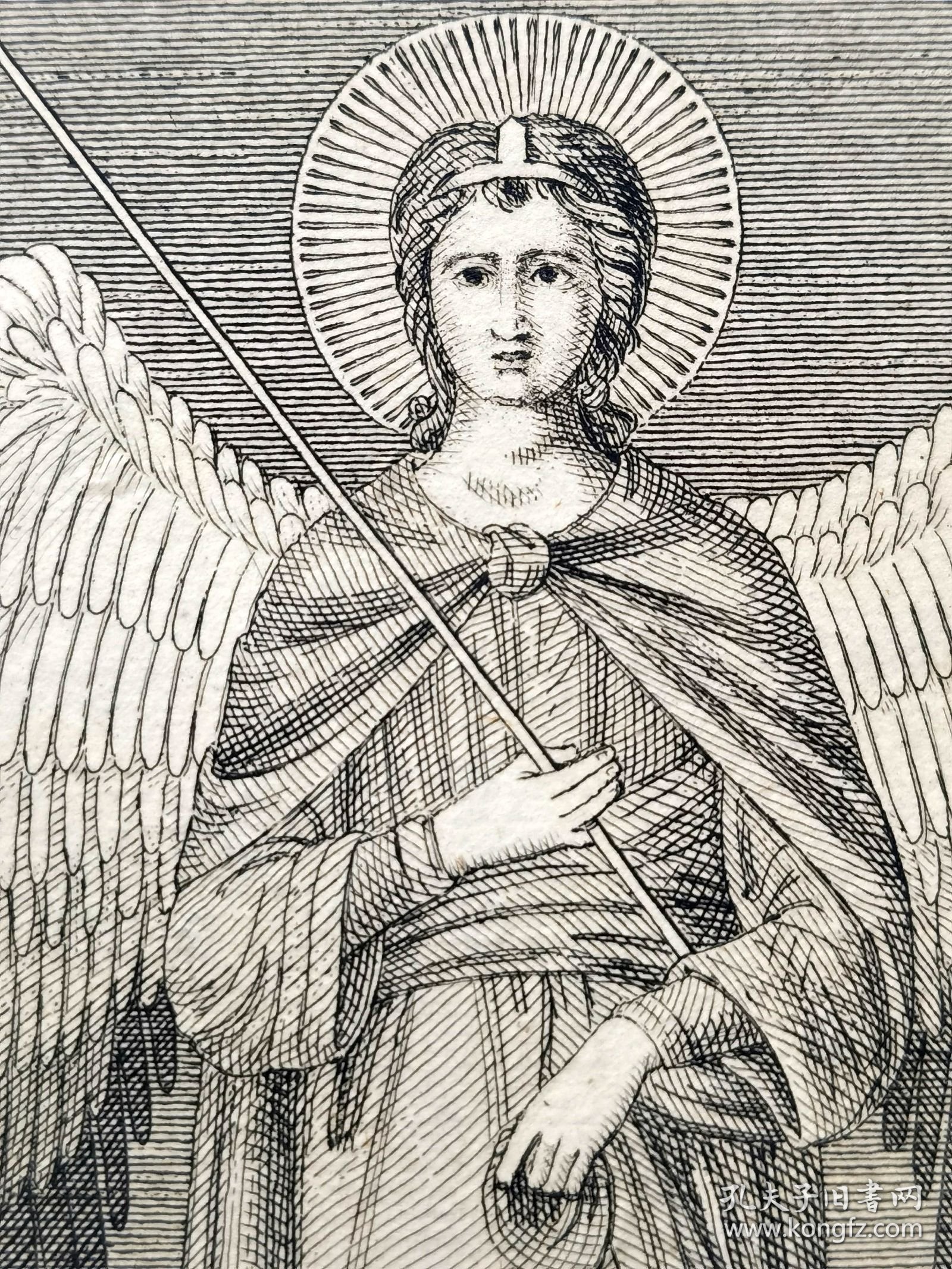 【契马布埃Cimabue】1823年“文艺复兴时期意大利画派”系列铜版画《三个天使》—意大利文艺复兴时期画家“乔万尼·契马布埃(Giovanni Cimabue,1240-1302)”作品 +飞尘铜版画《西蒙·马格斯在空中》—画家“Giunta Pisano”作品“手工水印纸精印” 50x36cm