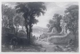 1845年苏格兰高地风景系列钢版画《马本湖和城堡》27x22cm