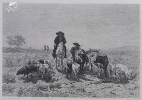 【大英博物馆藏画】1876年法国艺术蚀刻铜版画《乡路漫步》——法国巴比松画家“罗莎.博纳尔Rosa Bonheur (1822-1899年)”作品 版画家：Gustave Greux 雕刻 法国ARCHES版画专用水印纸 43x30cm 大英博物馆收藏编号：1877,0210.538（官网可查）