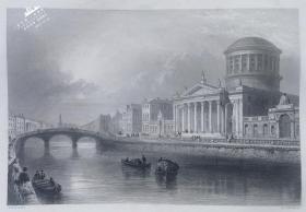 1841年爱尔兰风光系列钢版画《爱尔兰最高法院大楼》—英国风景地貌画家 “威廉·亨利·巴特莱特W.H.Bartlett”作品 版画家：E.J.ROBERTS 雕刻27x21cm
