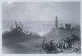 1841年爱尔兰风光系列钢版画《香侬河岸的克朗马克诺斯修道院》—英国风景地貌画家 “威廉·亨利·巴特莱特W.H.Bartlett”作品 版画家：R.BRANDARD 雕刻27x21cm