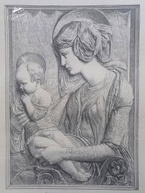 1880年法国艺术系列刻木版画《彩绘和镀金的陶土圣母子像》—画家“Charles Kreutzberger ”作品  43x30cm